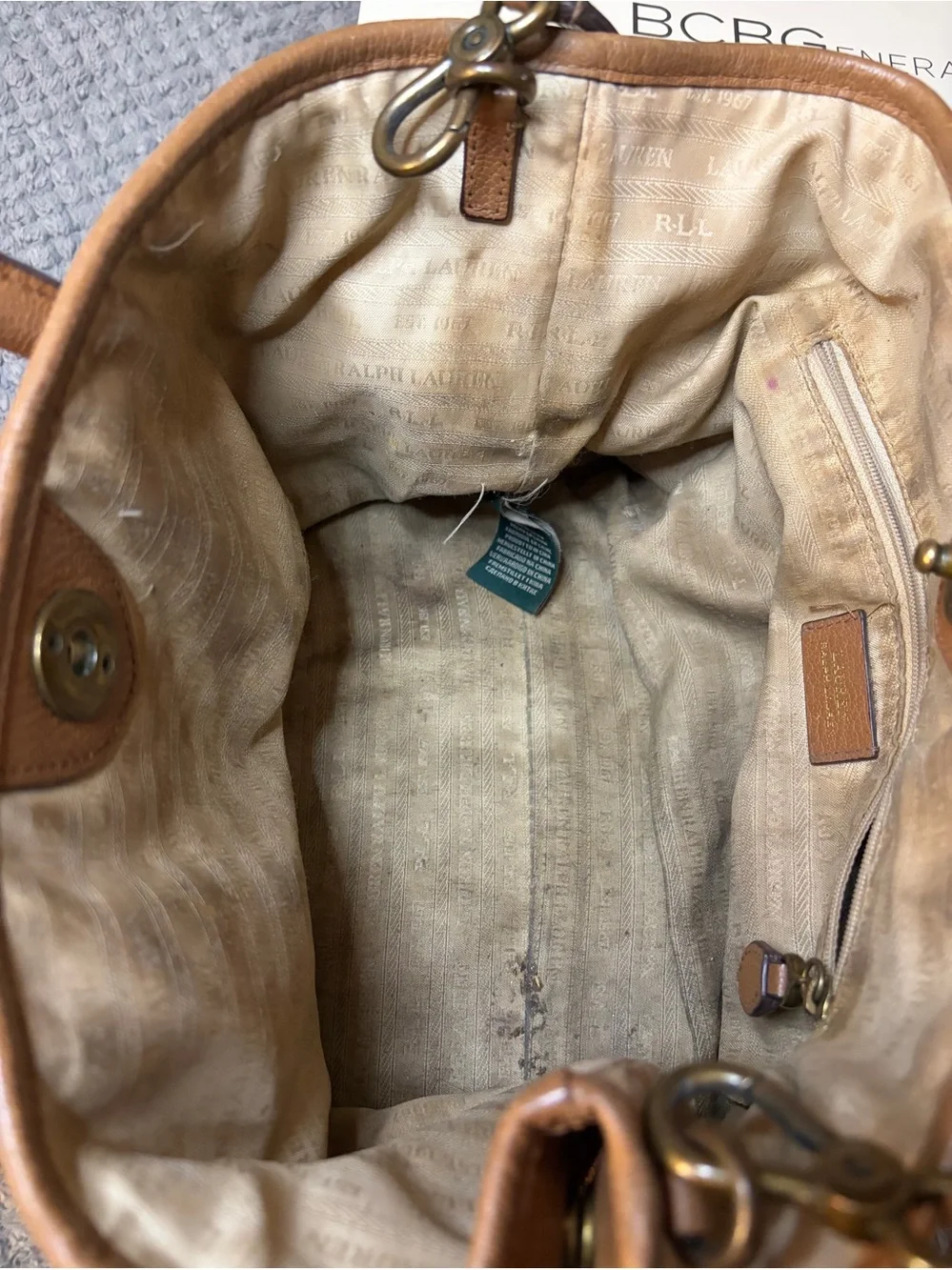 Leather Lauren Ralph Lauren, Satchel Handbag in Cognac Tan with Detachable Strap